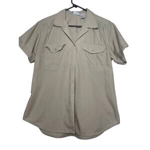 Uniform Style Button Up Shirt Womens Medium Tan Bowling Retro Short Sleeve Top